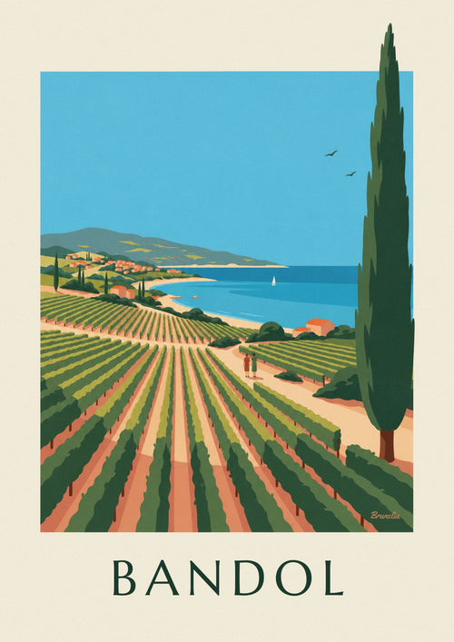 Bandol poster with vines, cypress trees and the blue bay of the Mediterranean: the full poster