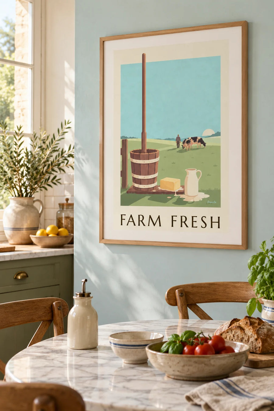 Affiche baratte en bois et motte de beurre fermier : encadrée au mur