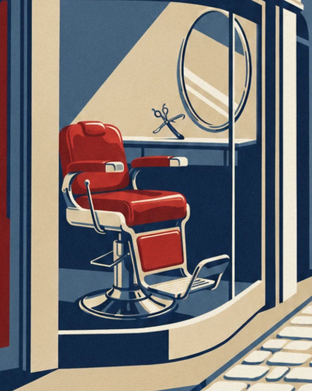 The red leather and chrome barber's chair, facing the oval mirror and scissors