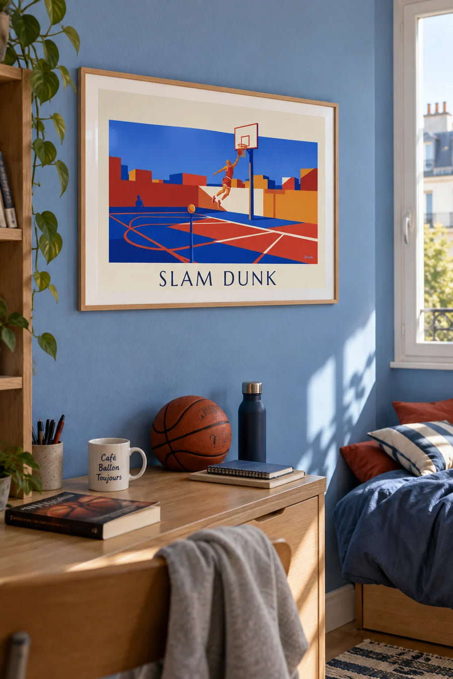Poster of a basketball player mid-dunk on an outdoor court: framed on the wall