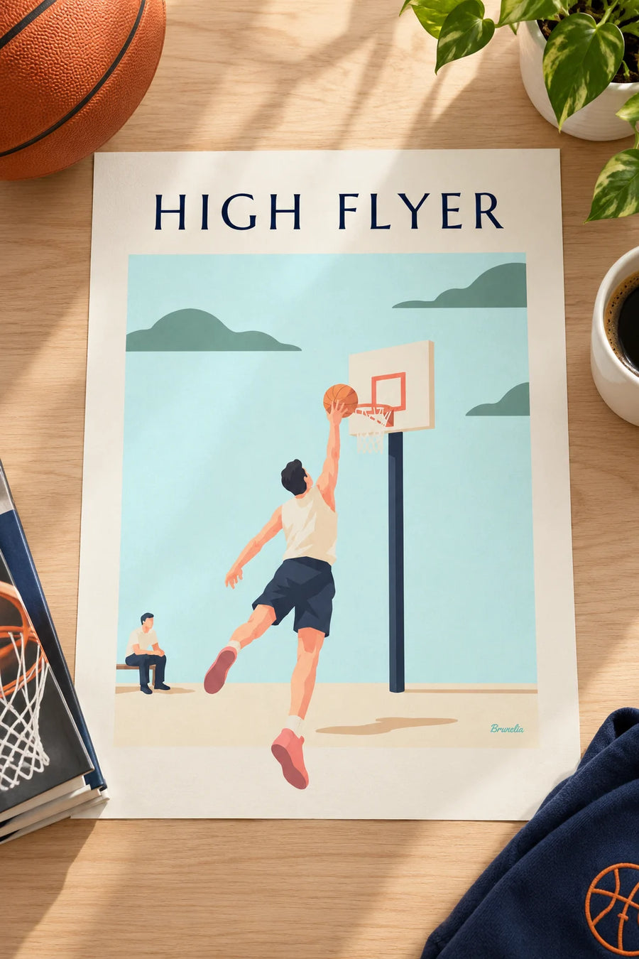 Poster mit Basketballspieler beim Sprung zum Dunk: auf einem Tisch