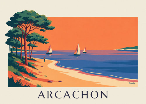 Poster of the Arcachon Bay at sunset, sailboats and pine trees: the full poster