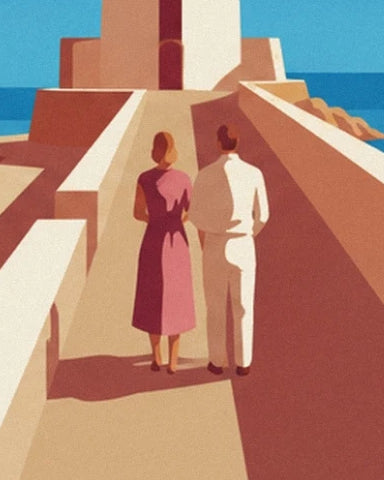 Un couple de dos, en robe rose et tenue blanche, sur la rampe ensoleillée