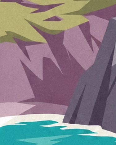 Falaise mauve aux aplats géométriques, feuillage vert olive et crique turquoise