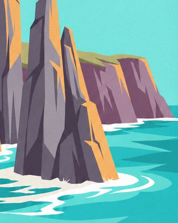 Une aiguille de roche face à la falaise pourpre, dans l'écume turquoise