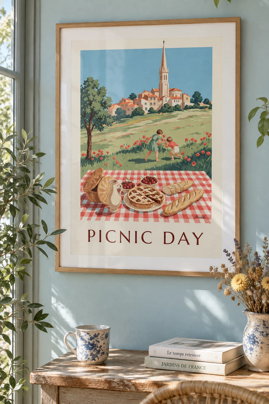 Affiche pique-nique en famille sur une nappe à carreaux : encadrée au mur