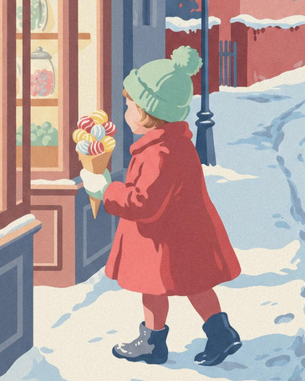 La fillette au bonnet vert et manteau rouge, son cornet de bonbons à la main devant la vitrine