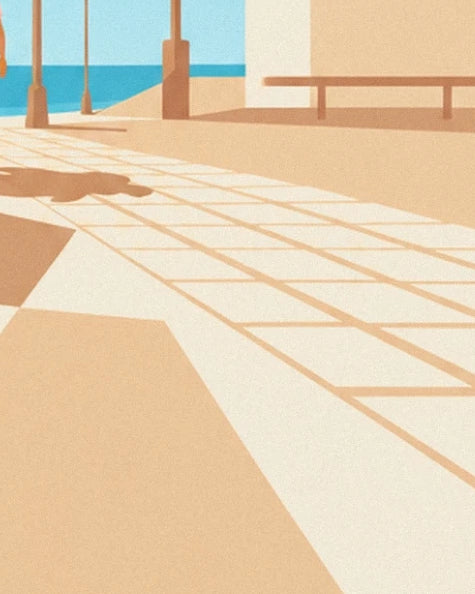 Les ombres des lampadaires sur la promenade dallée, près du banc face à la mer