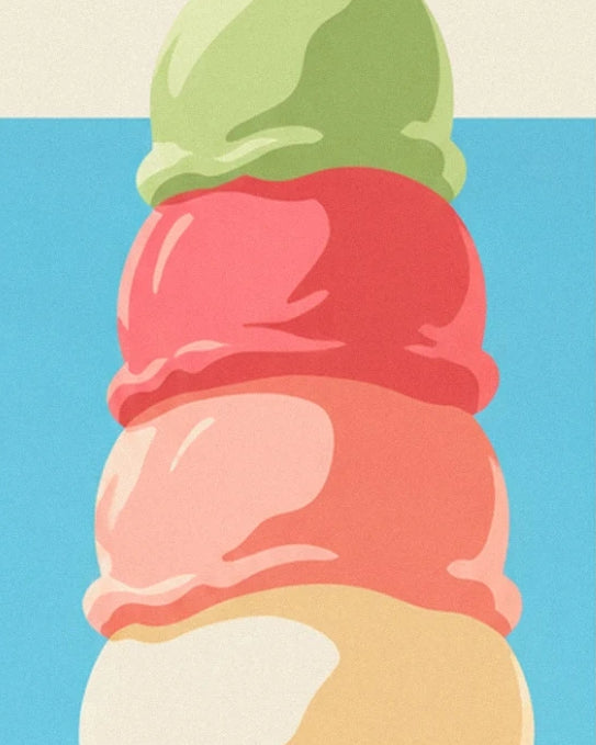 Les boules de glace vert pâle, rose et jaune sur fond bleu