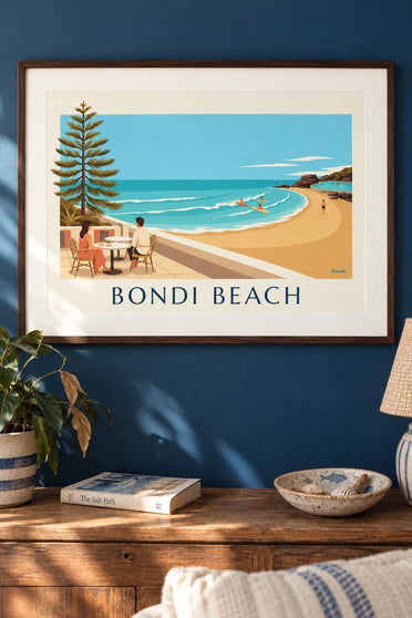 Poster of a café terrace facing Bondi Beach in Sydney: framed on the wall