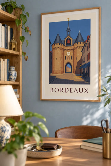 Poster Grosse Cloche von Bordeaux und Café-Terrasse: gerahmt an der Wand
