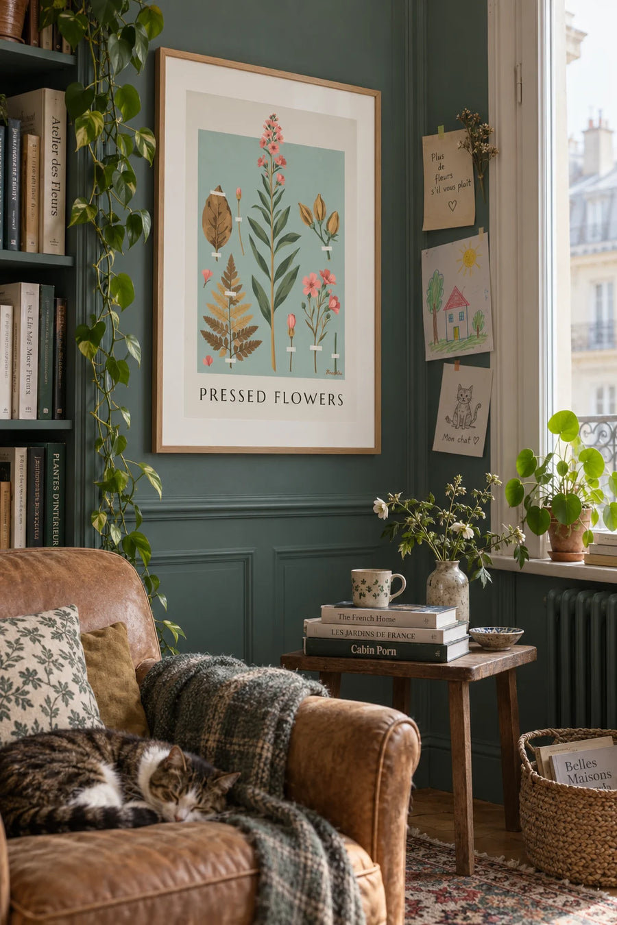 Affiche herbier de plantes et fleurs séchées sur papier crème : encadrée au mur