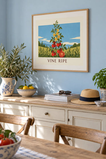 Poster botanische Tafel einer Tomatenpflanze mit reifen Tomaten: gerahmt an der Wand