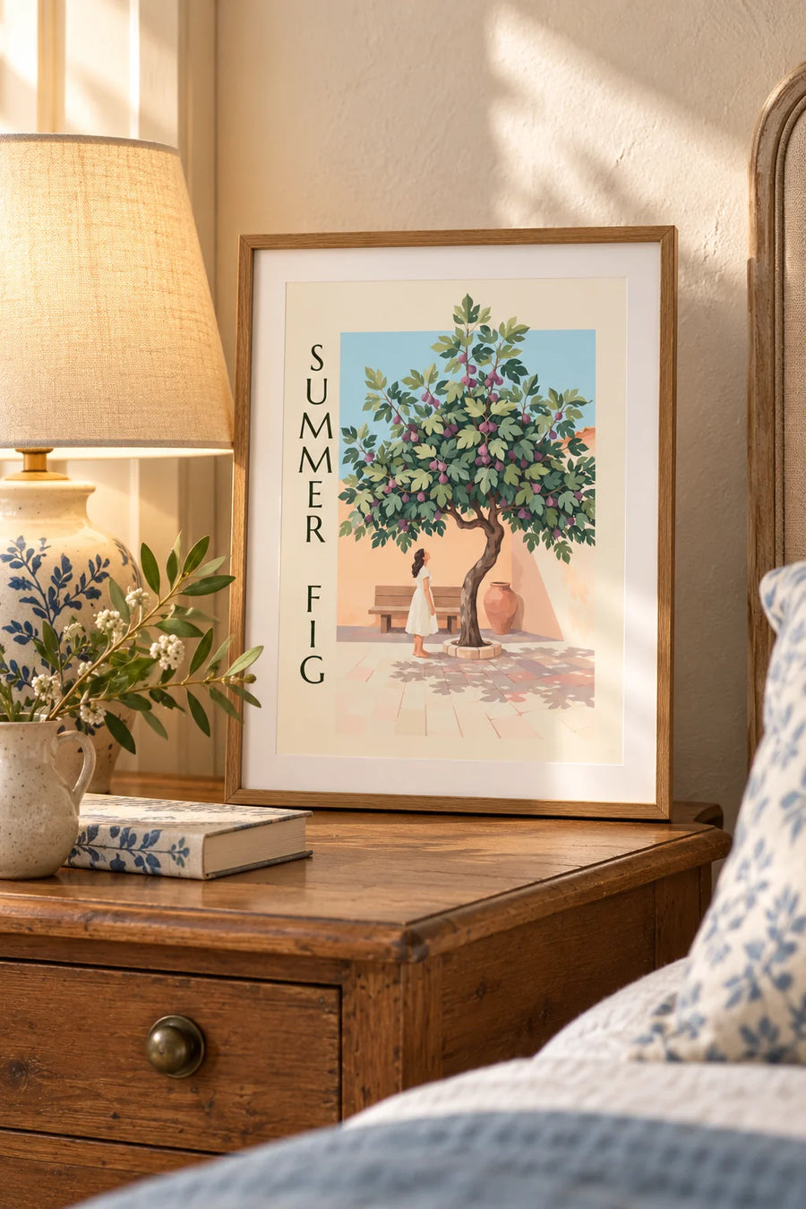 Affiche figuier chargé de figues violettes dans une cour en pierre : petit format A4 encadré