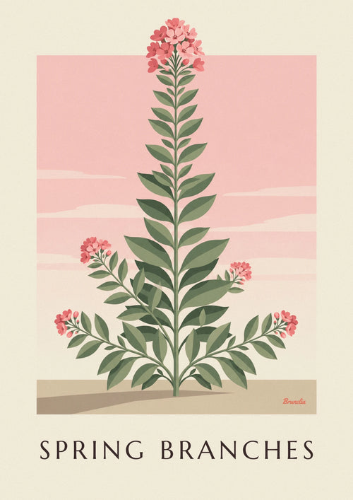 Affiche branches feuillues et fleurs roses de printemps : l'affiche entière
