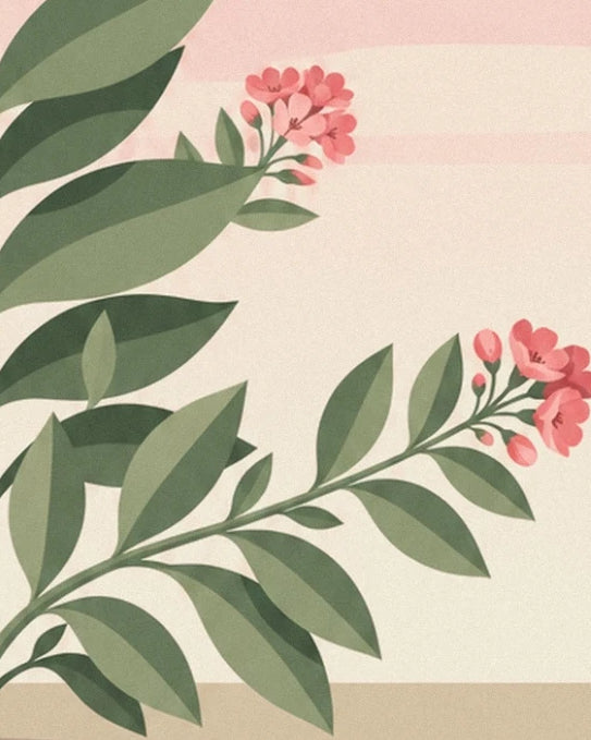 Pink flowering sprigs between large green leaves, against a cream and pink background