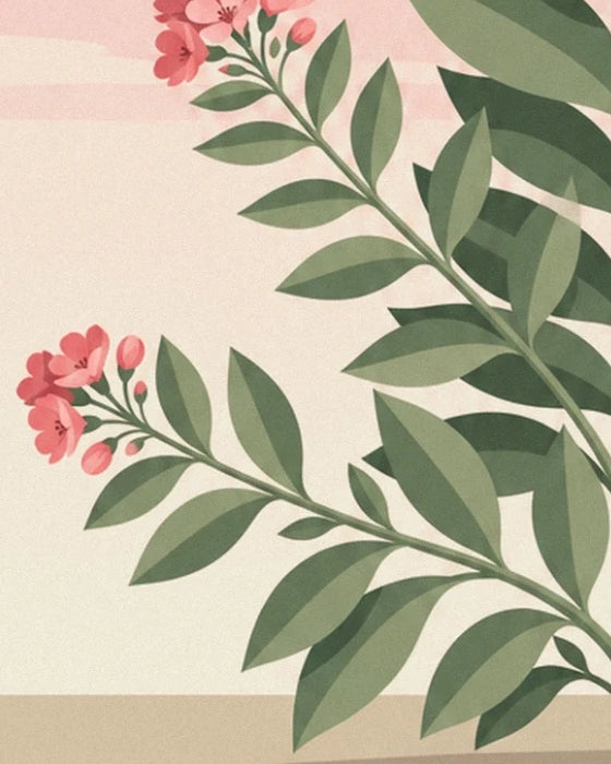 Slanting branches with green leaves and small pink flowers against a cream background