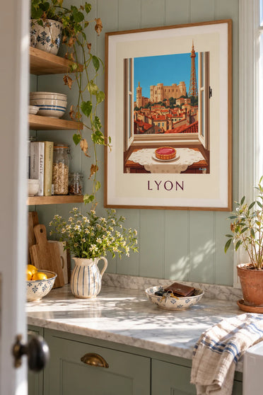 Poster taart met roze pralines voor het raam van een salon de thé in Lyon: ingelijst aan de muur