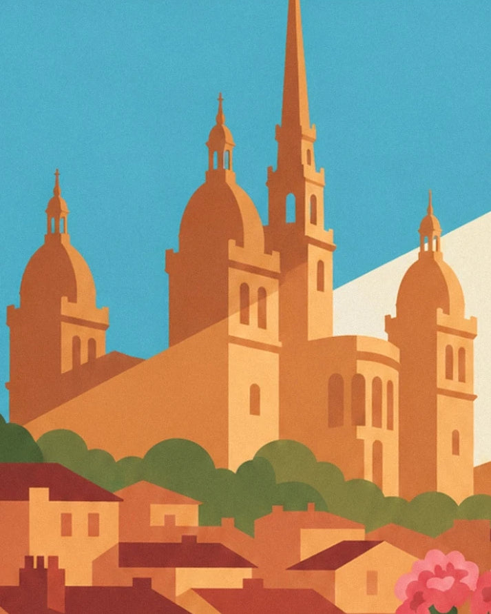 La silhouette ocre de la basilique de Fourvière au-dessus des toits, sous un ciel bleu