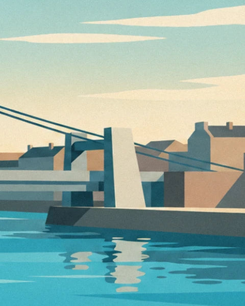 Le pylône du pont et ses haubans, les maisons au bord du quai et leur reflet dans l'eau turquoise