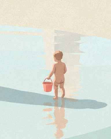 The child with a red bucket wading through the clear water, their reflection on the wet sand