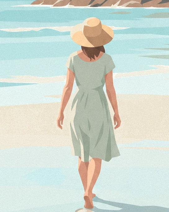 The mother in a green dress and straw hat, barefoot in the shallow water