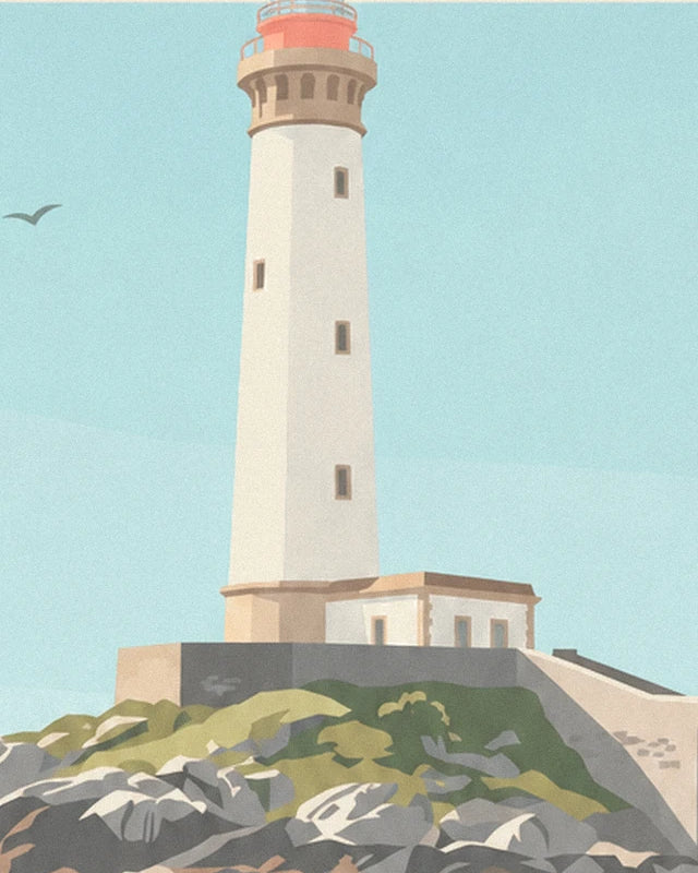 The white lighthouse with a red lantern, perched on its moss-covered rocks