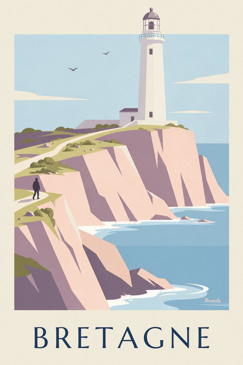 Poster of a white lighthouse atop the pink cliffs of the Brittany coast: the full poster