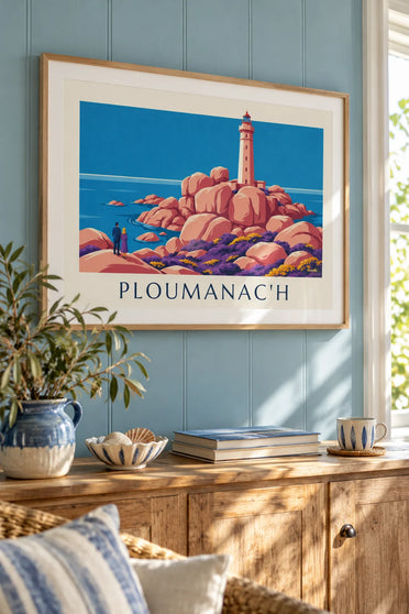 Poster van de vuurtoren van Mean Ruz op het roze graniet van Ploumanac'h: ingelijst aan de muur
