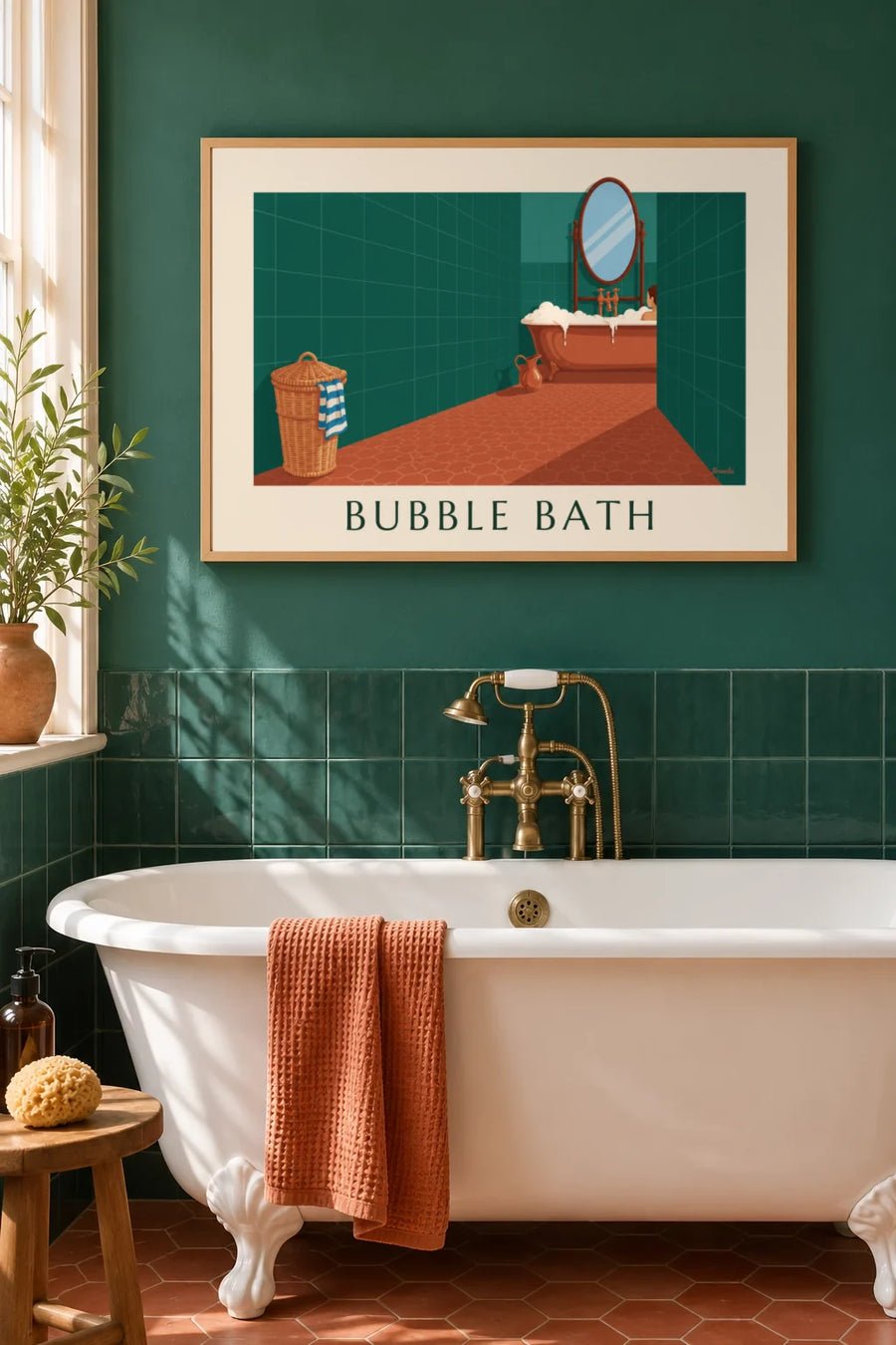 Poster groene badkamer, koperen bad en rieten mand: ingelijst aan de muur