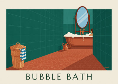 Poster of a green bathroom, copper bathtub and wicker basket: the full poster
