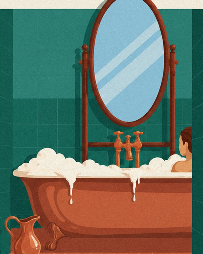 The copper bath overflowing with bubbles beneath the large oval mirror