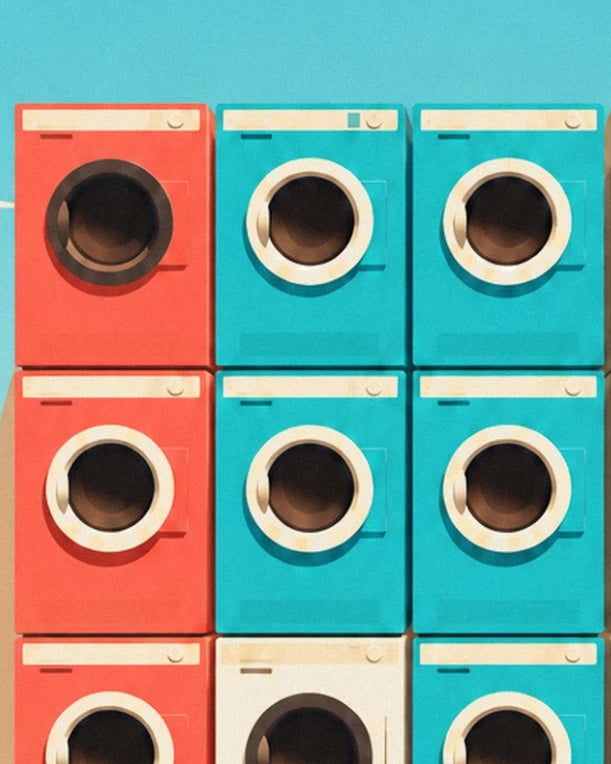 The coral and turquoise washing machines with cream-rimmed doors