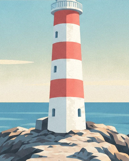 The red and white striped lighthouse perched on its rocks facing the sea