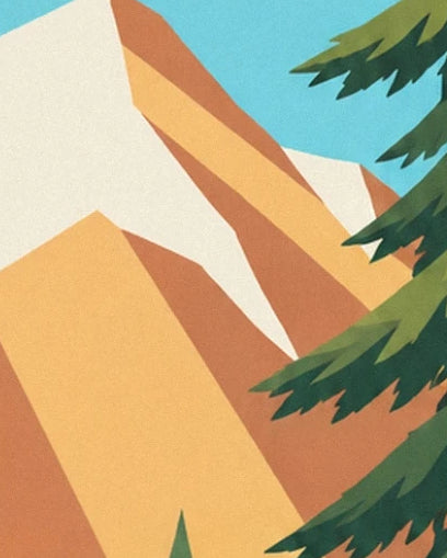The ochre and cream mountain slopes framed by dark green pine branches