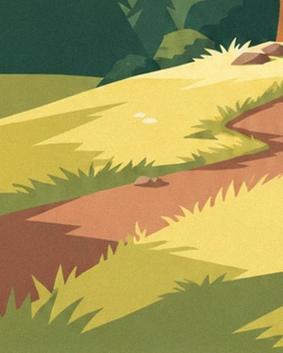 The ochre path lined with golden yellow grasses and small rocks