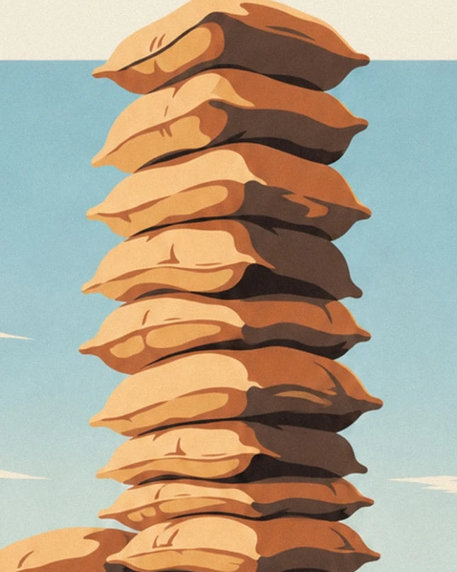 Une haute pile de sacs de jute ocre aux plis bruns, sur fond bleu clair