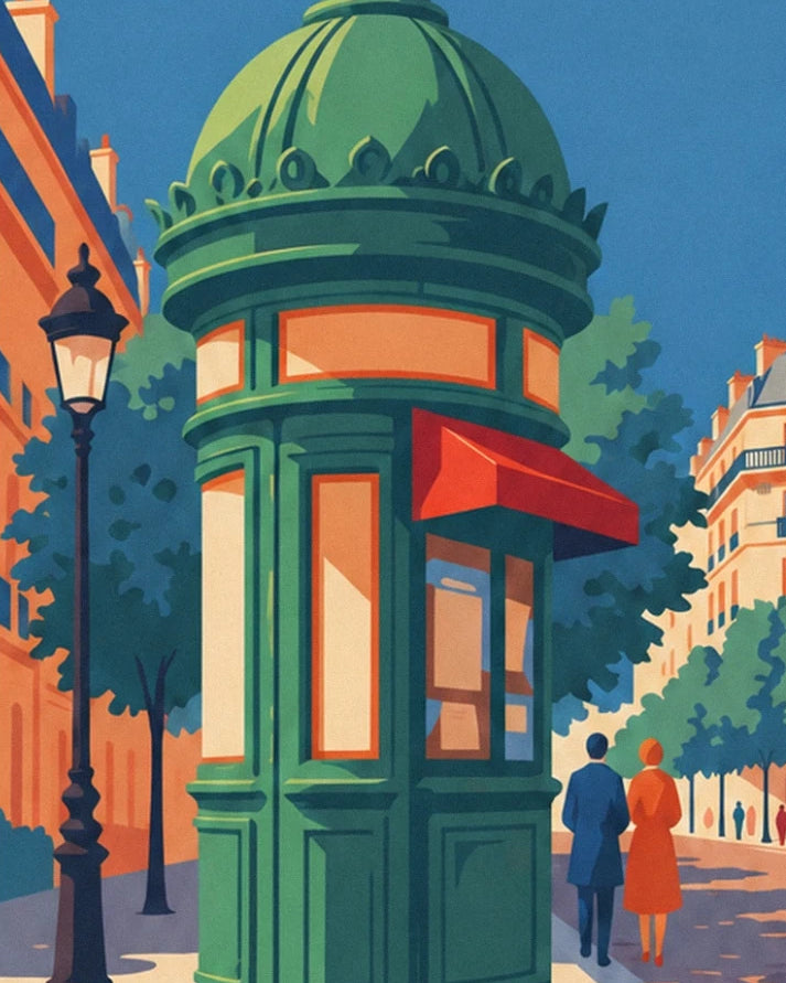 The green domed kiosk and its red awning, with a couple walking past the street lamp