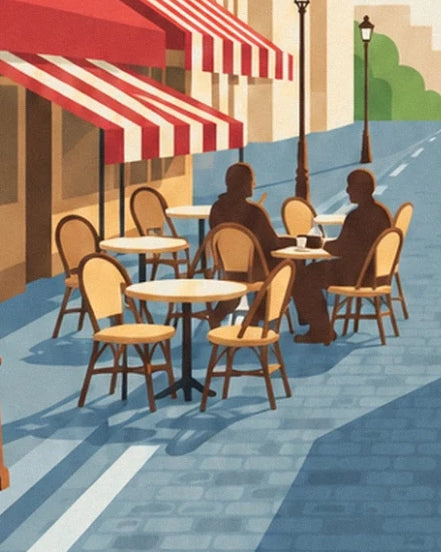 The 2 customers on the terrace among rattan chairs and red-and-white striped awnings