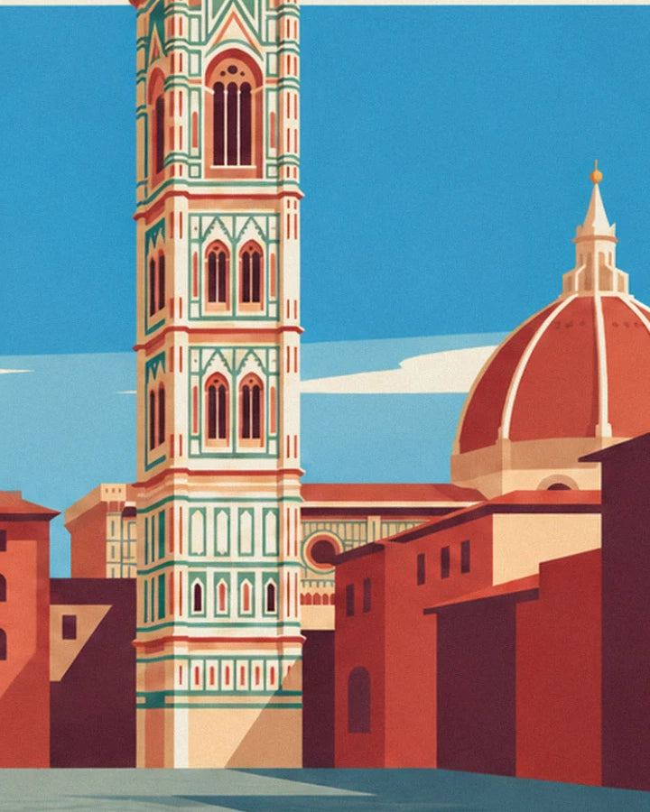Le campanile à motifs verts et roses et la coupole rouge, sous un ciel bleu