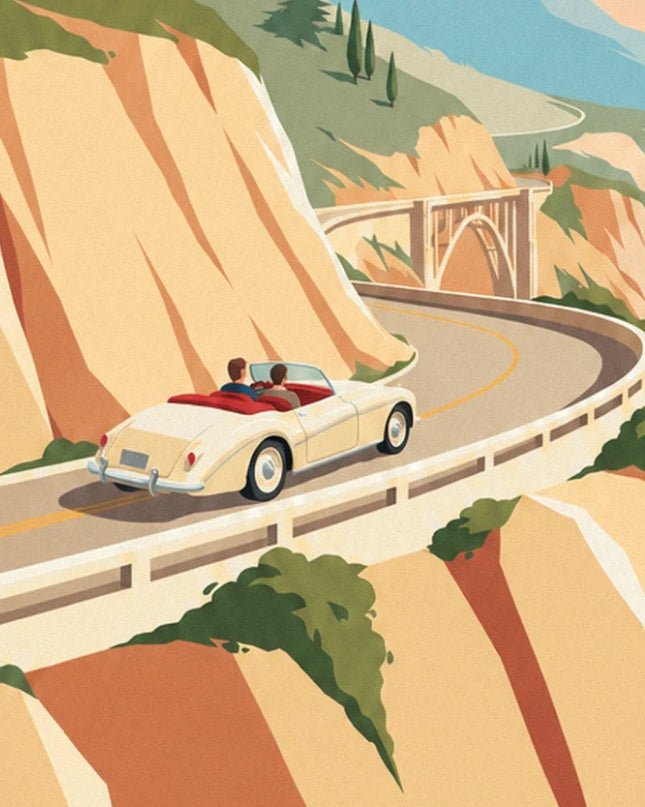 The cream convertible and its 2 passengers on the bend, facing the arched bridge