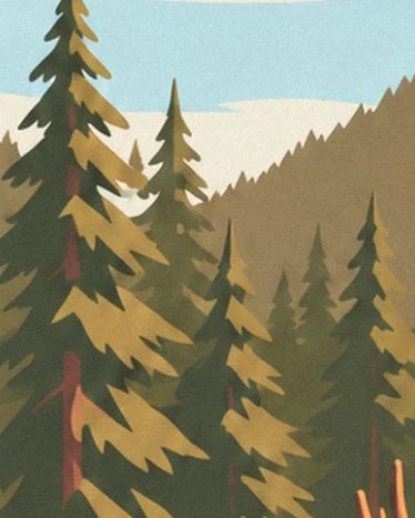 Les sapins vert sombre aux branches dorées devant un versant montagneux