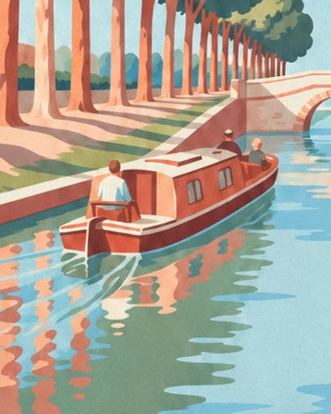 The red boat and its passengers on the canal du Midi near the bridge