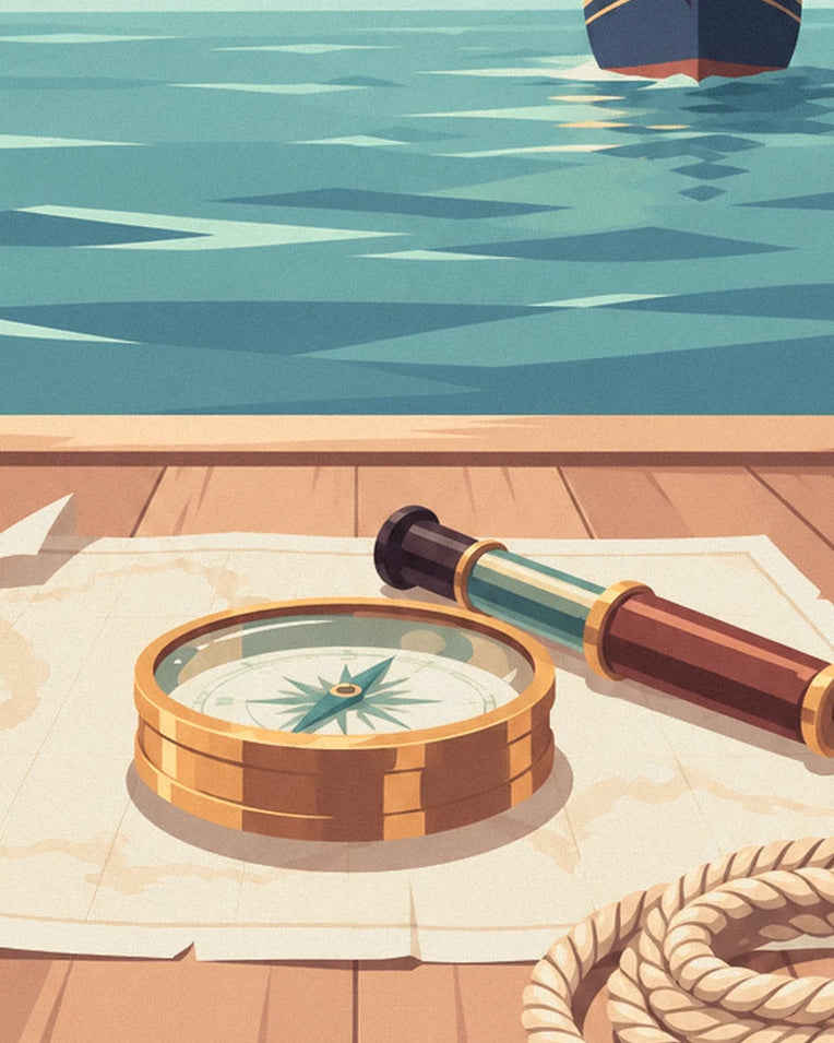 Poster nautischer Kompass aus Messing auf einer Seekarte: Detail in Nahaufnahme
