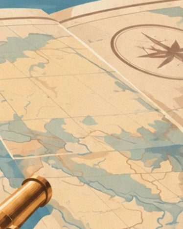 The nautical chart with blue-green coastlines, the compass rose and part of a brass telescope