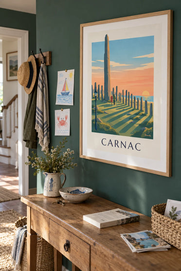 Poster Menhire von Carnac bei Sonnenuntergang: gerahmt an der Wand