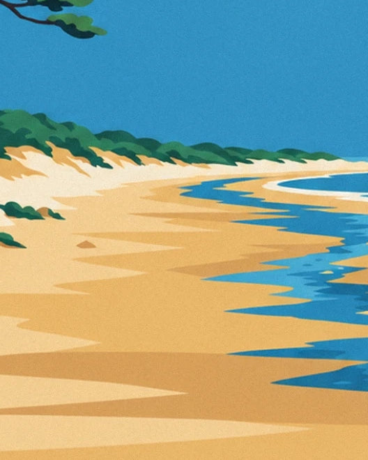 Les rubans d’eau bleue au bord du sable doré et des dunes couvertes de végétation