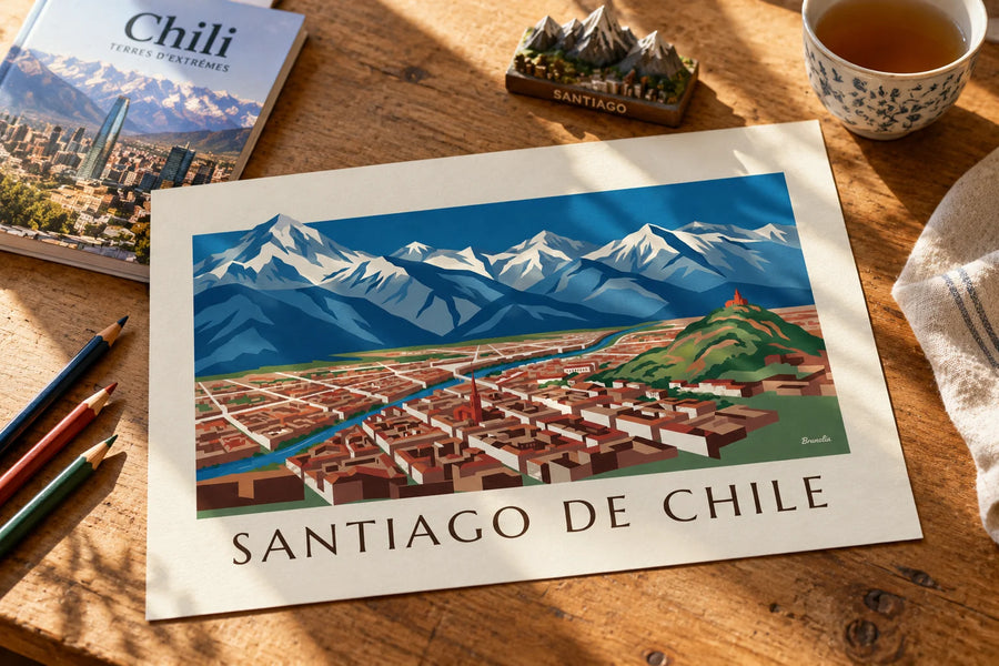 Poster van een geïllustreerde kaart van Santiago de Chile en de Andes: op een tafel