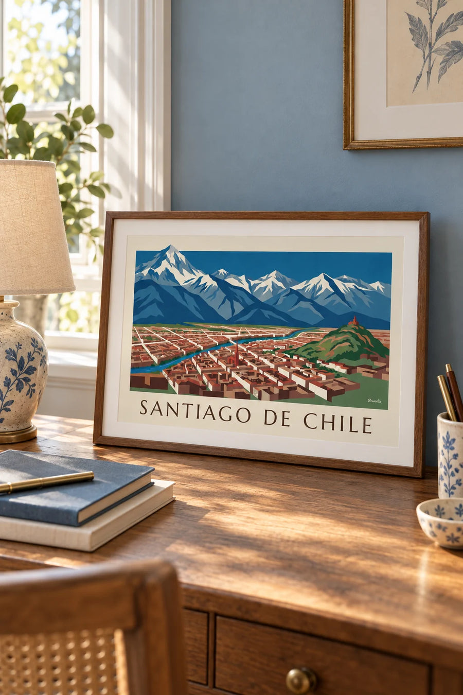 Poster met geïllustreerde kaart van Santiago de Chile en de Andes: klein formaat A4 ingelijst
