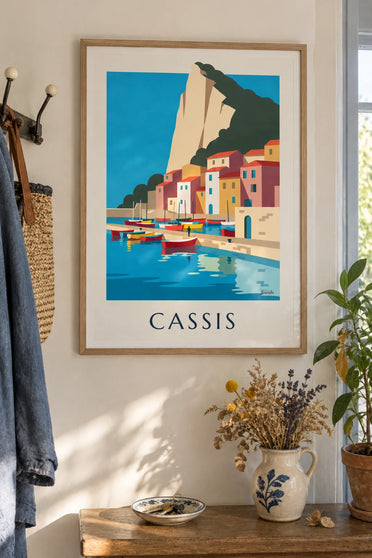 Affiche barques colorées sur le port de Cassis : encadrée au mur